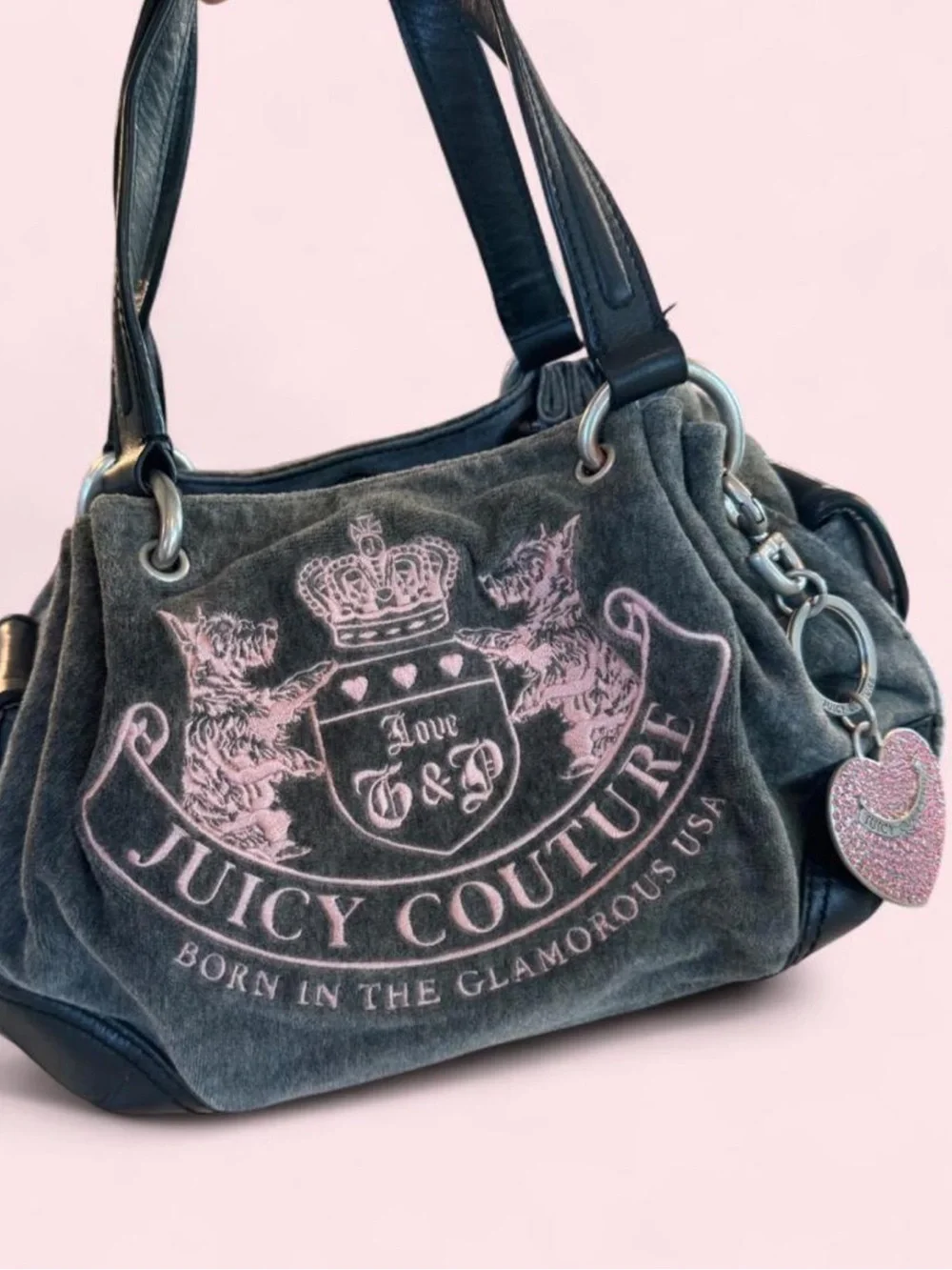 Vintage Juicy Couture Grey/Pink Hobo Bag + Bag Charm + Matching Wallet & Box